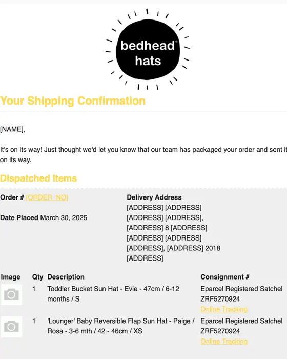 Bedhead Hats shipping email
