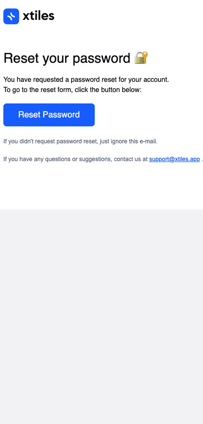 xTiles password reset email, full length