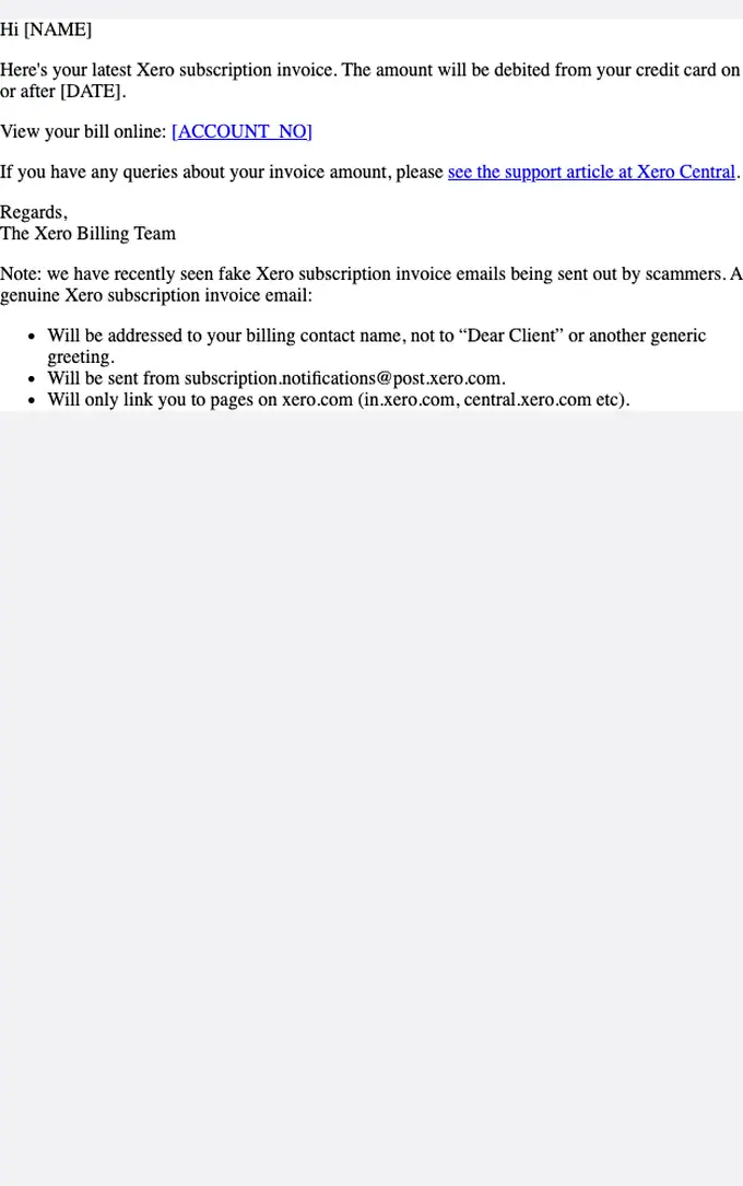 Xero invoice email, full length
