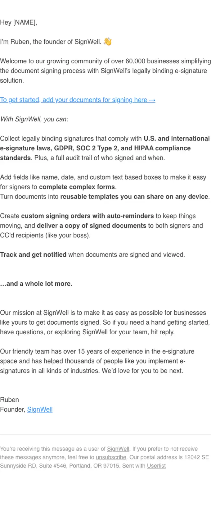 SignWell welcome email, full length
