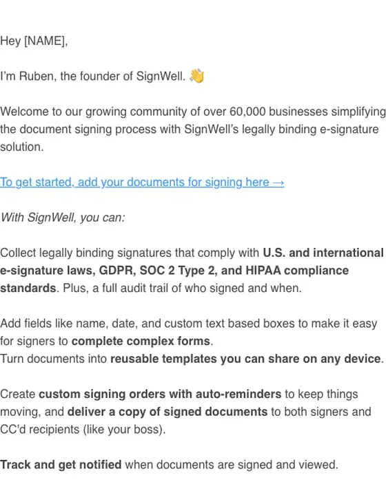 SignWell welcome email