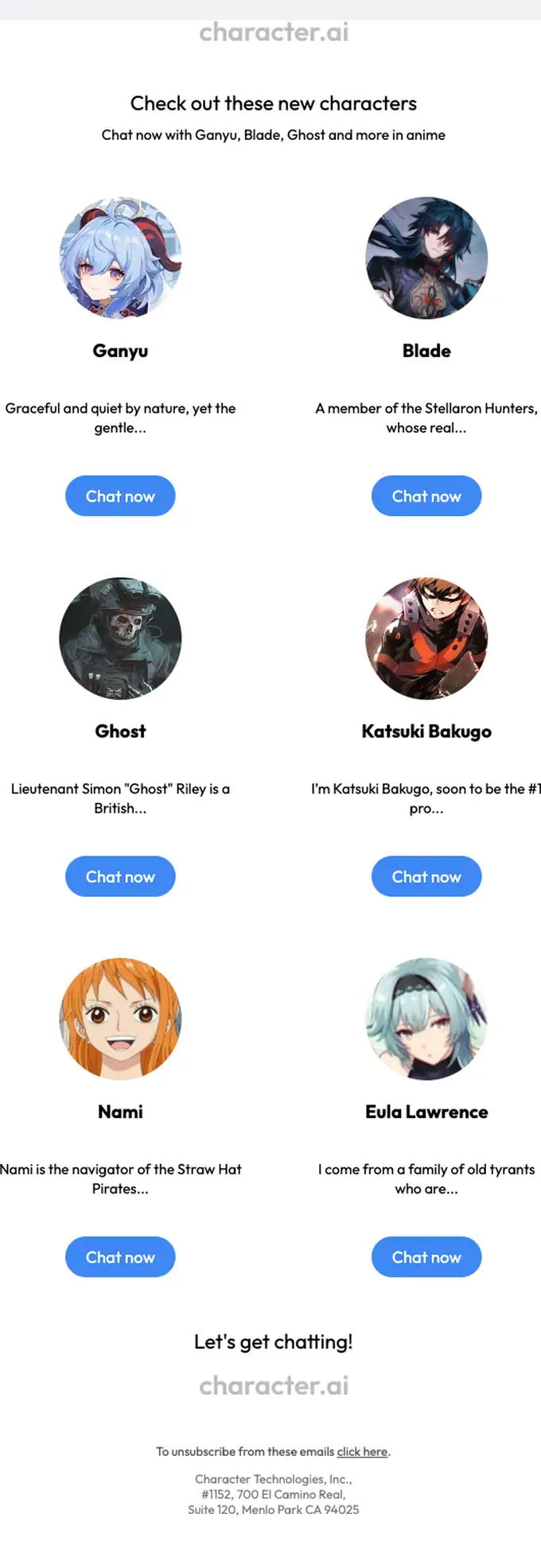 Character.AI promotional email, full length