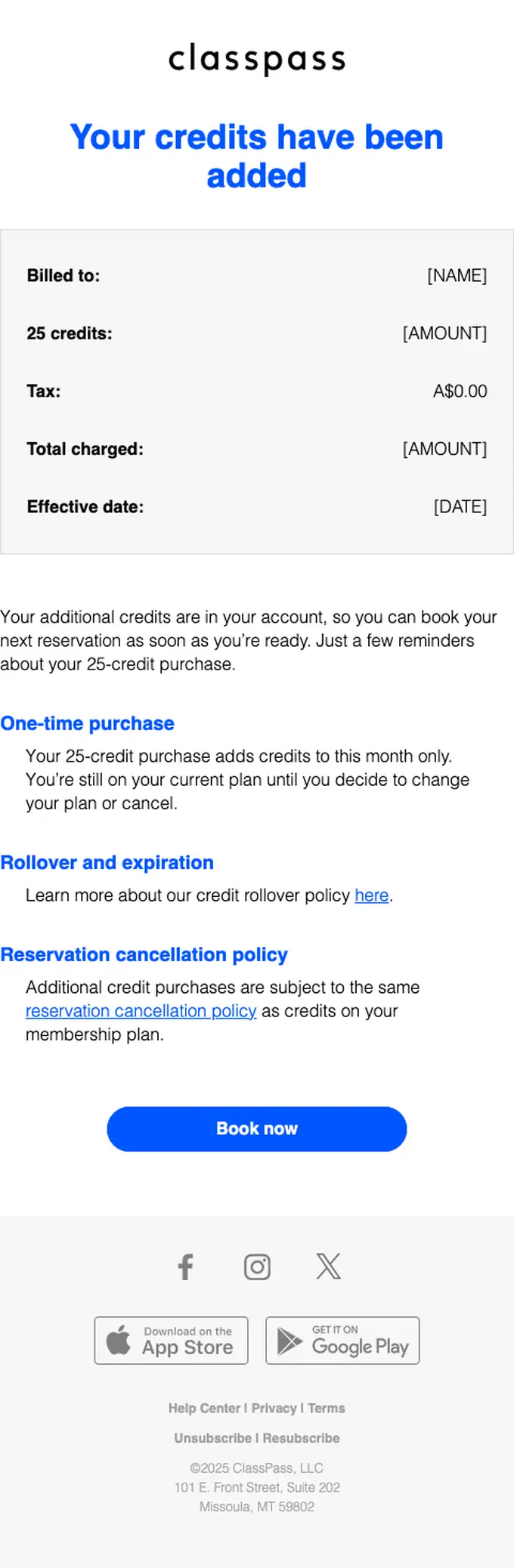ClassPass payment confirmation email, full length