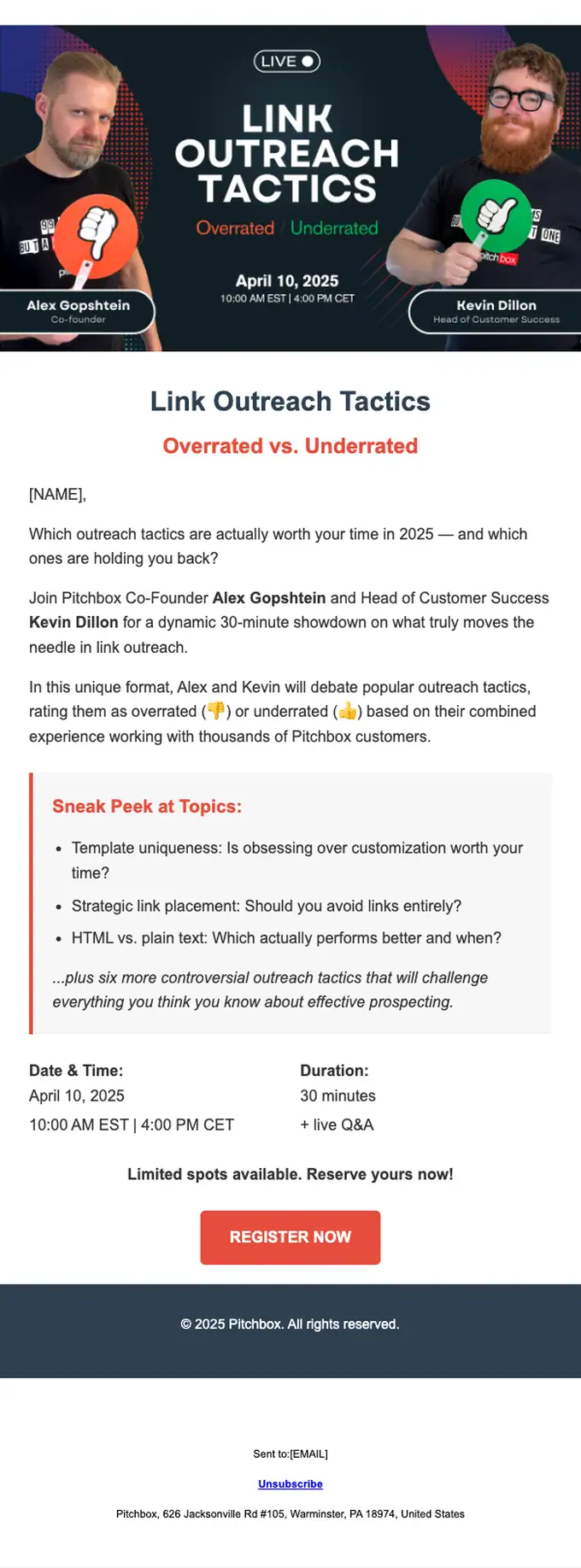 Pitchbox webinar email, full length