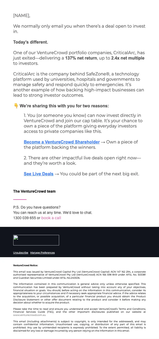 VentureCrowd promotional email, full length