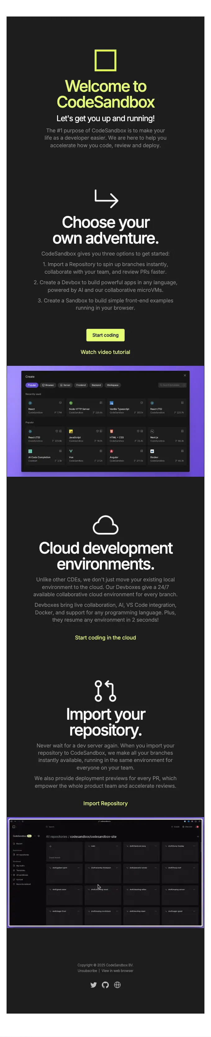CodeSandbox welcome email, full length