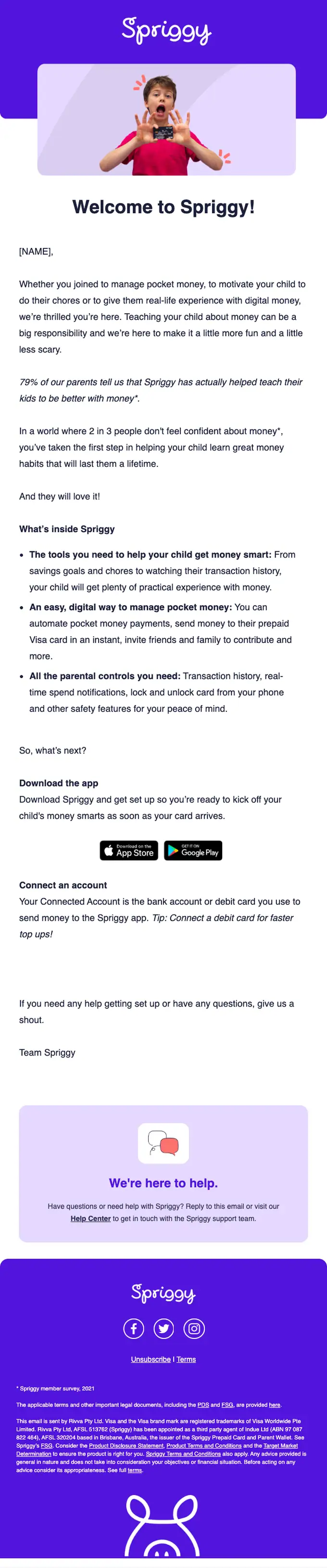 Spriggy welcome email, full length
