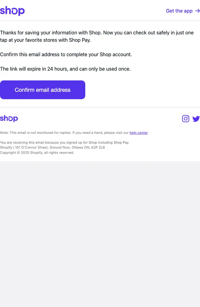 Shop email verification email, full length