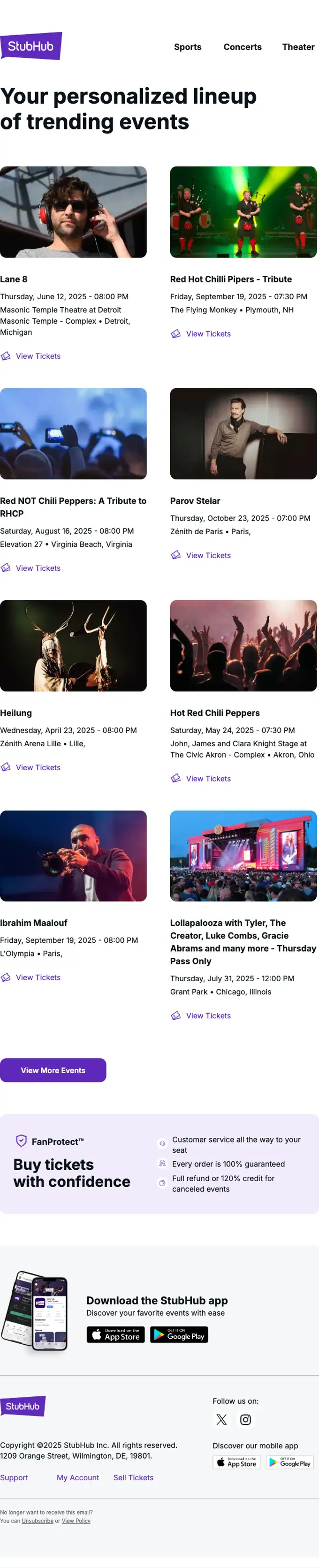 StubHub promotional email, full length