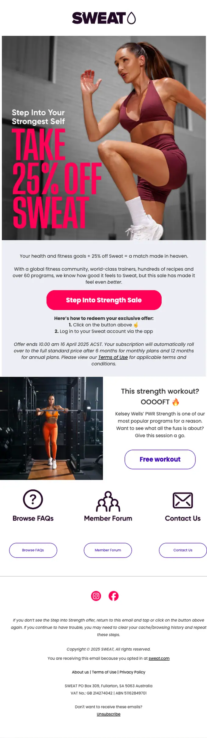 Sweat discount offer email, full length