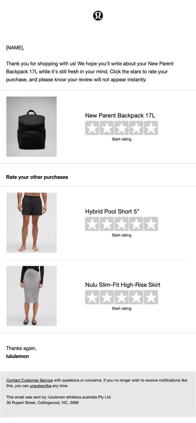 lululemon survey email, full length