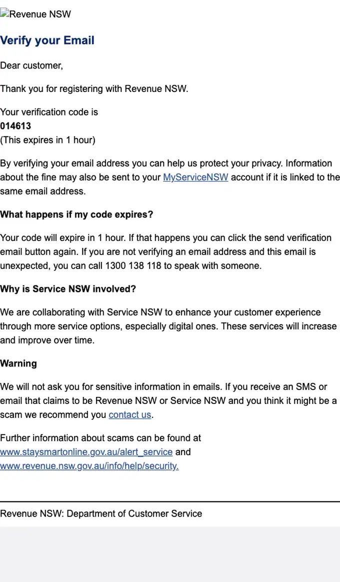 Revenue NSW email verification email, full length