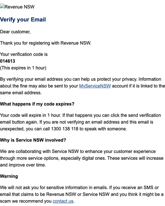 Revenue NSW email verification email