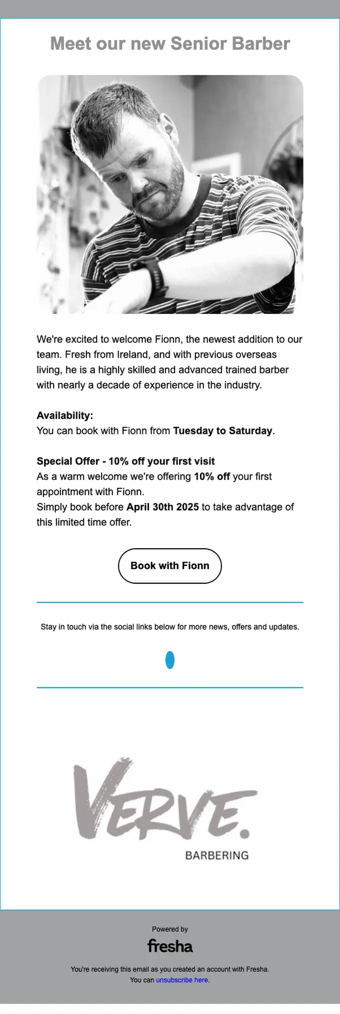 Verve Barbering promotional email, full length