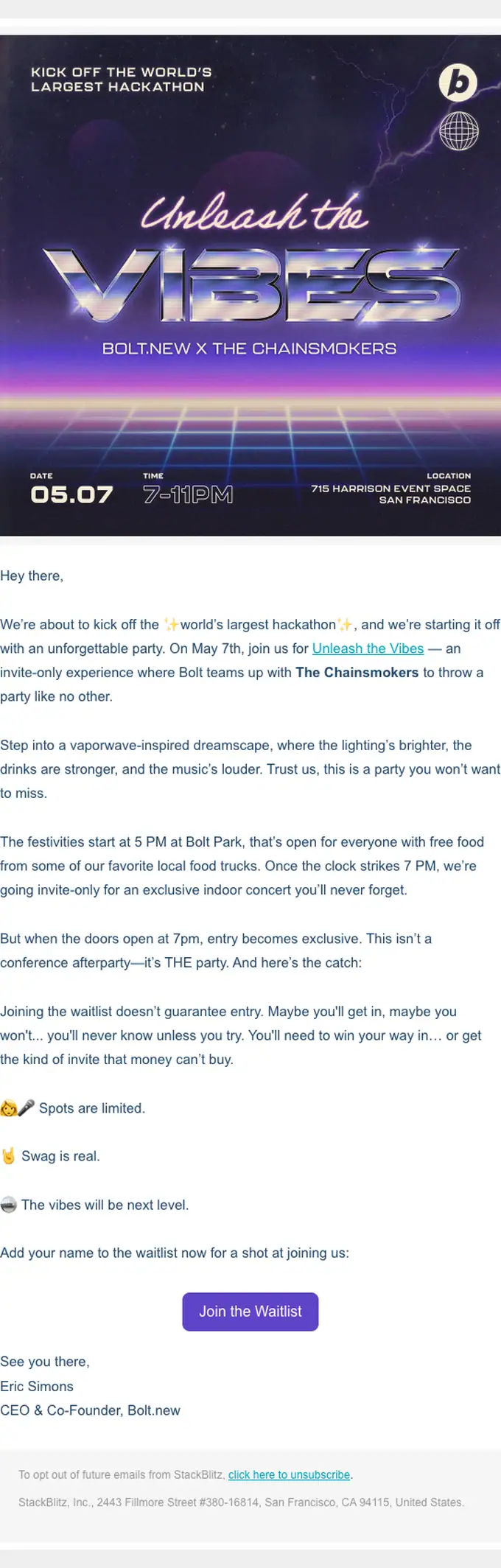 Bolt.new event invite email, full length