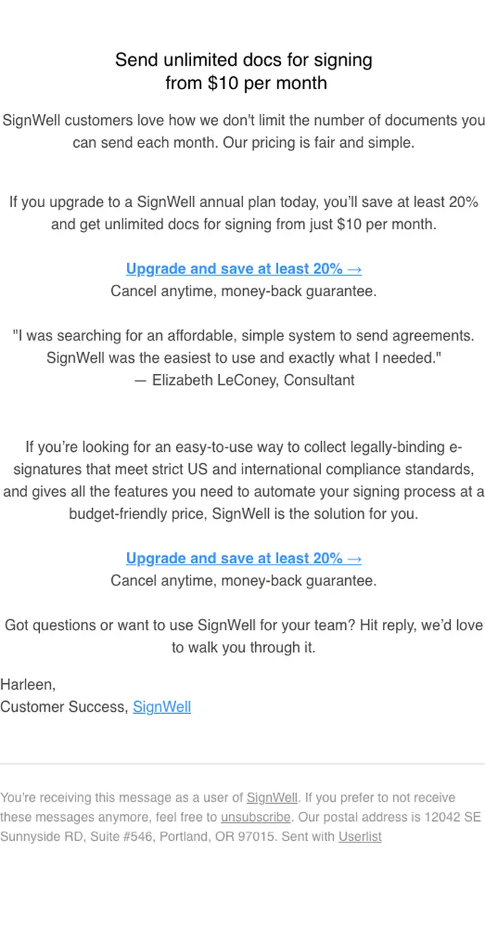 SignWell discount offer email, full length
