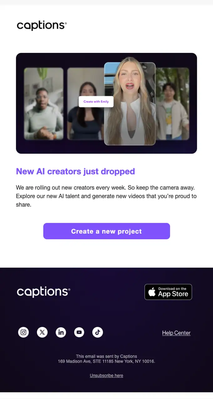 Captions product launch email, full length