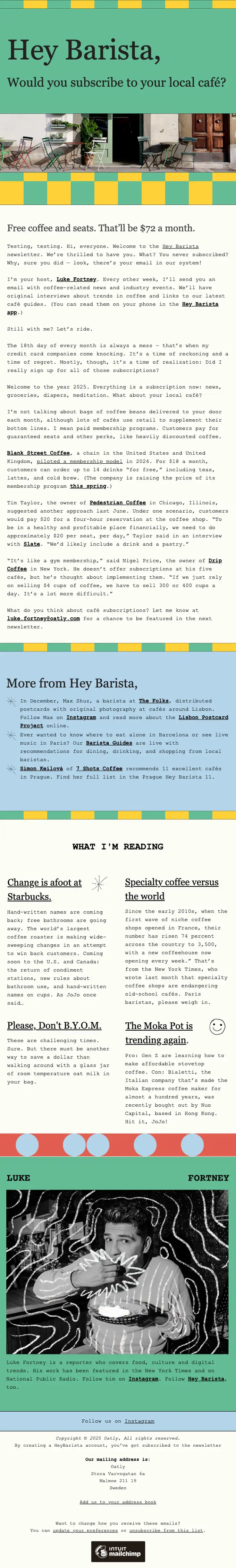 Hey Barista (Oatly) newsletter email, full length
