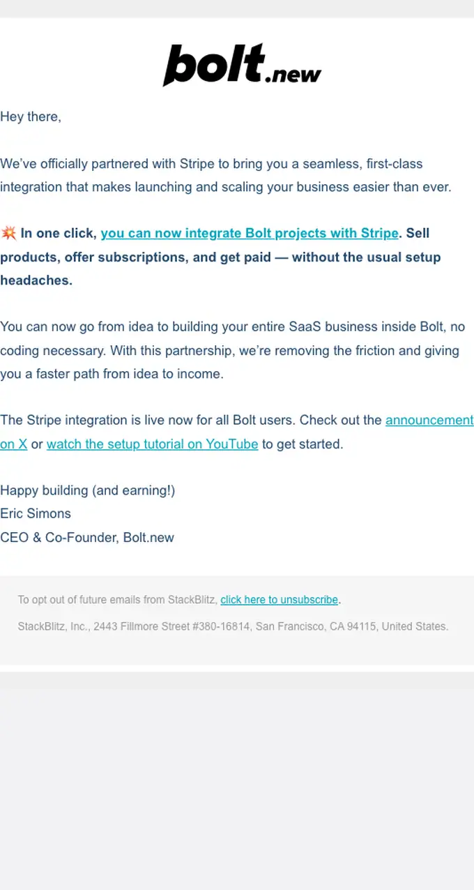 Bolt.new product launch email, full length