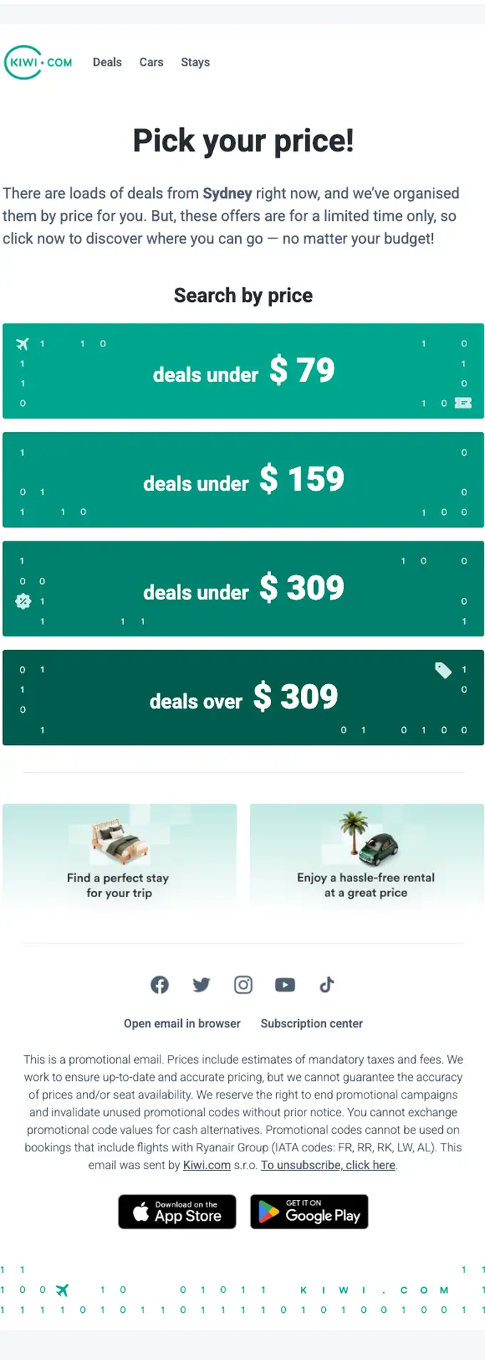 Kiwi.com promotional email, full length