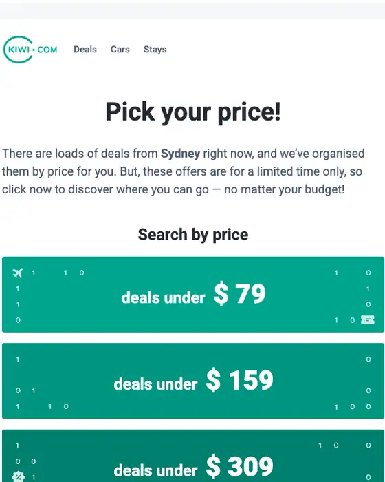 Kiwi.com promotional email: New deals from Sydney under $ 79