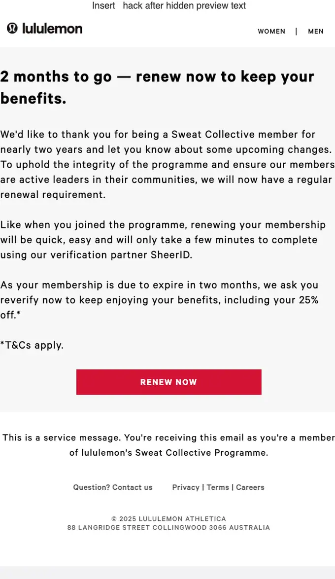 lululemon expiration notice email, full length