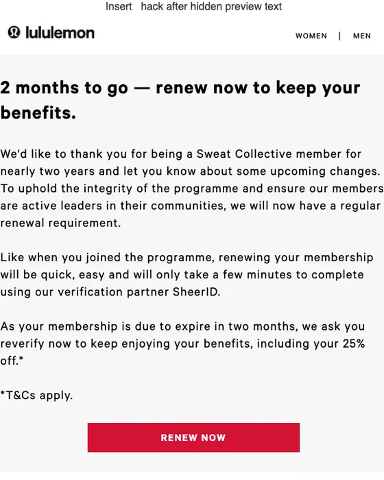 lululemon expiration notice email