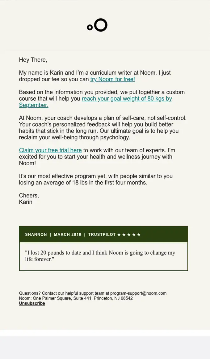 Noom welcome email, full length