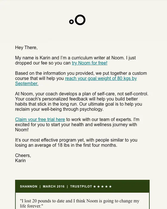 Noom welcome email