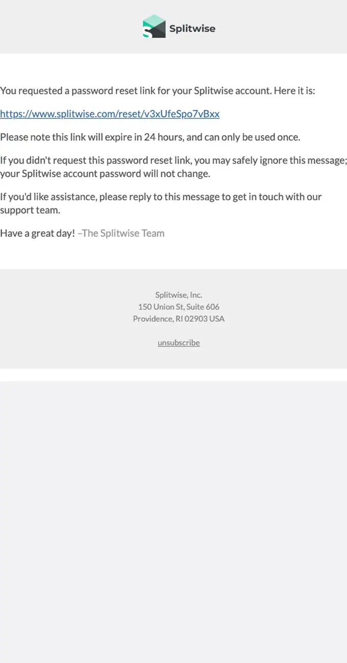 Splitwise password reset email, full length