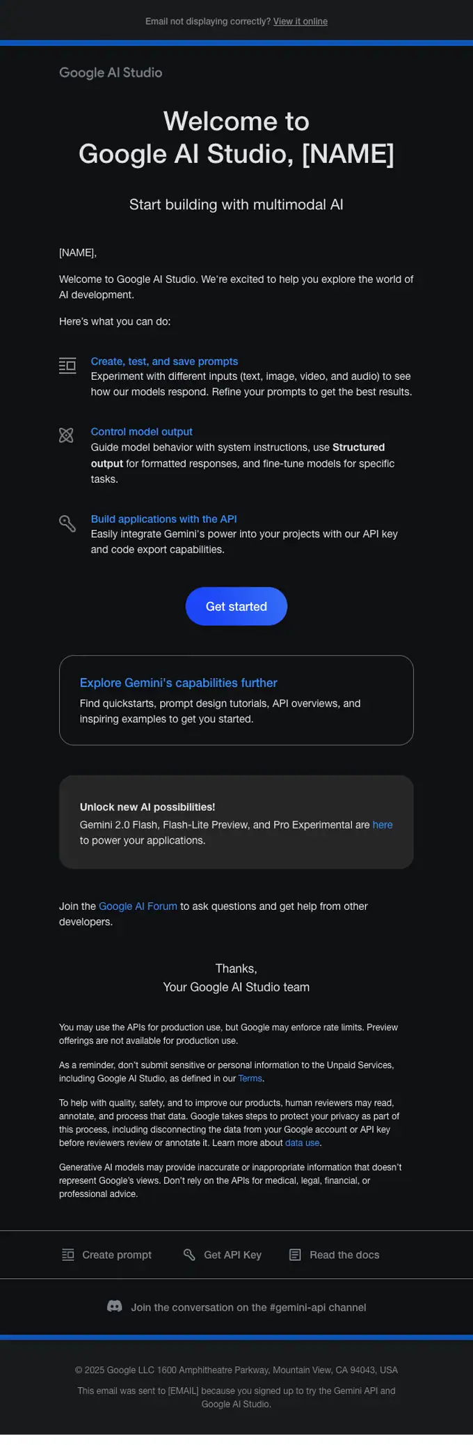 Google AI Studio welcome email, full length