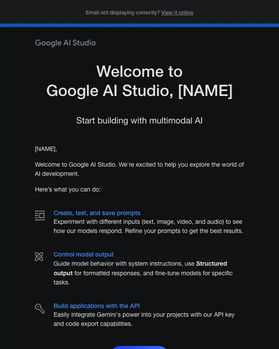 Google AI Studio welcome email
