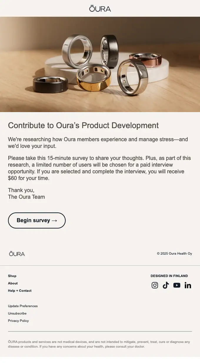 Oura Research survey email, full length