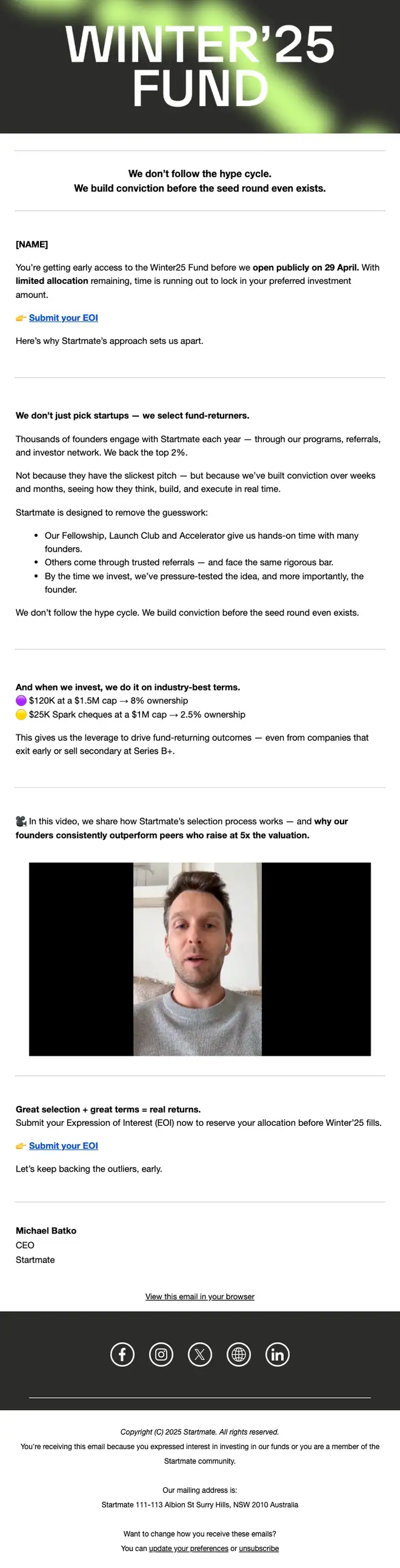 Startmate promotional email, full length