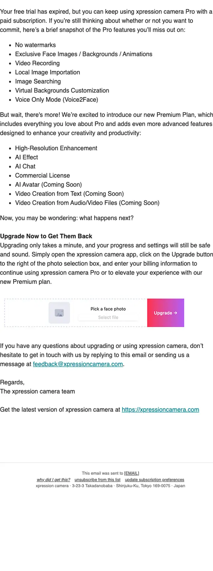 xpression camera expiration notice email, full length