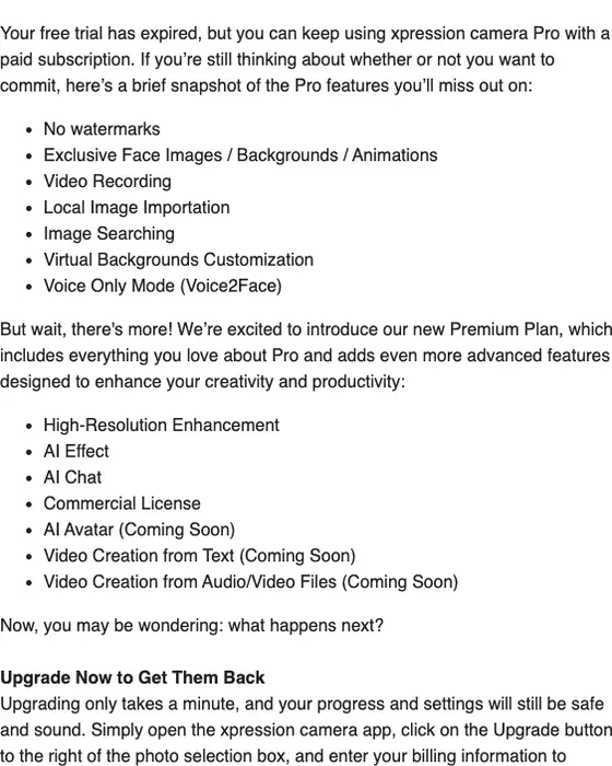 xpression camera expiration notice email