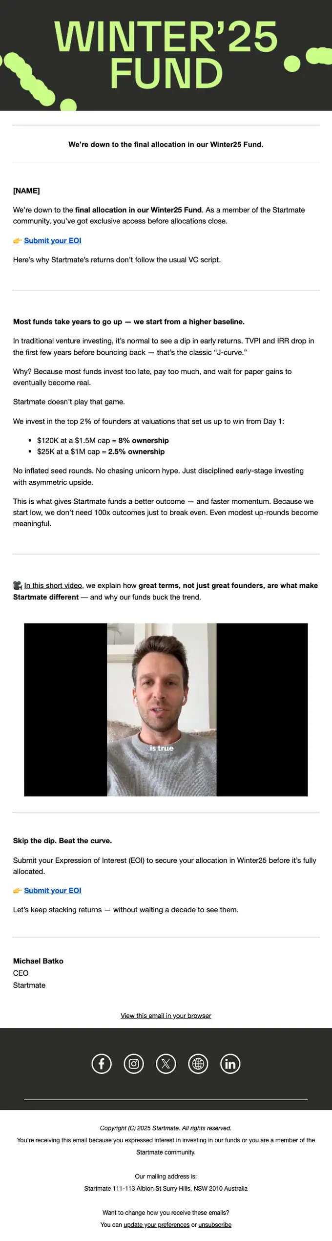 Startmate promotional email, full length