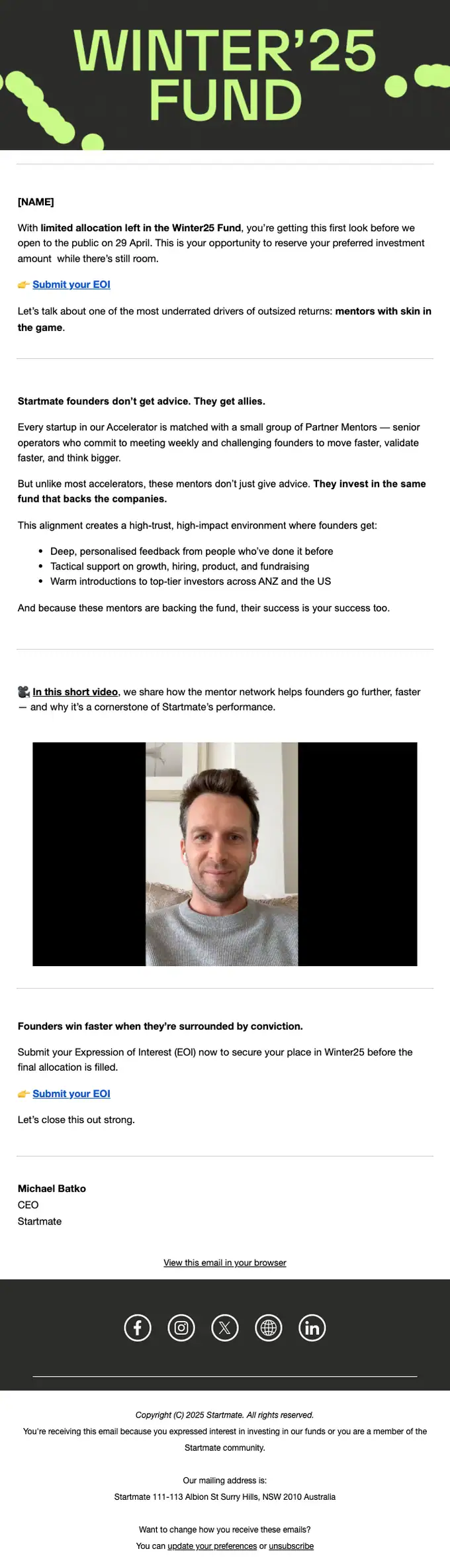 Startmate promotional email, full length
