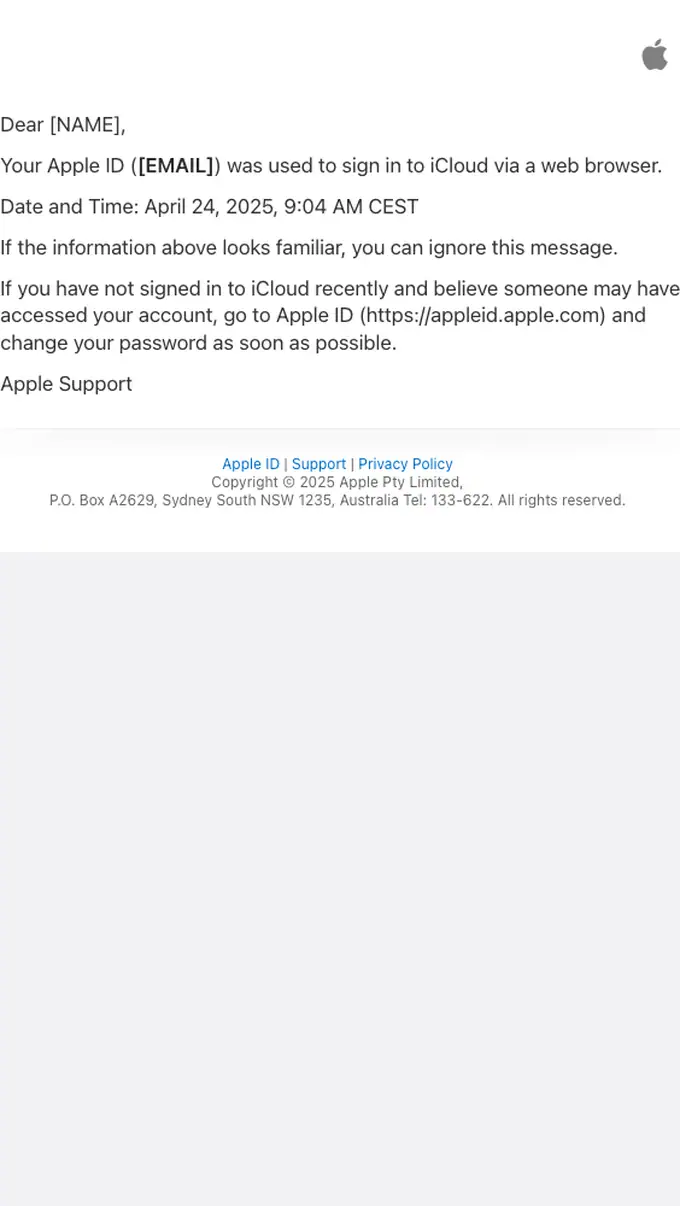 Apple security alert email, full length