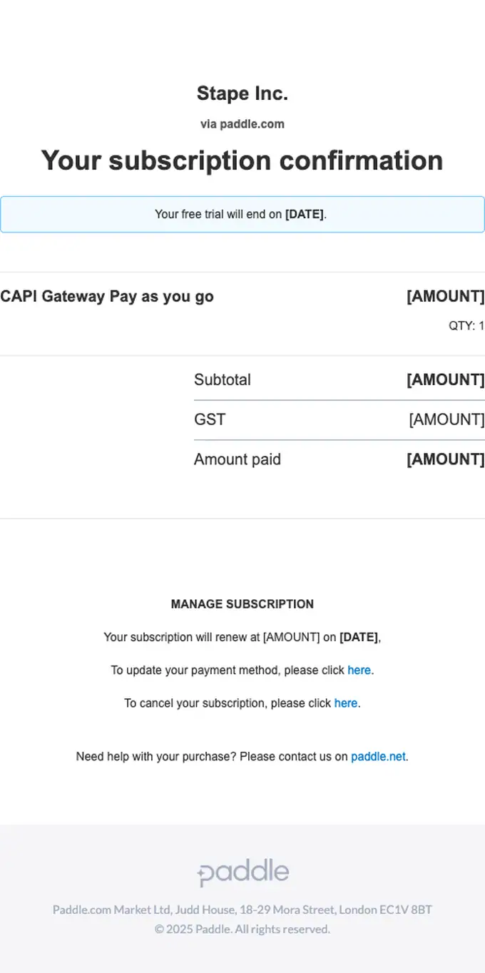 Paddle subscription email, full length
