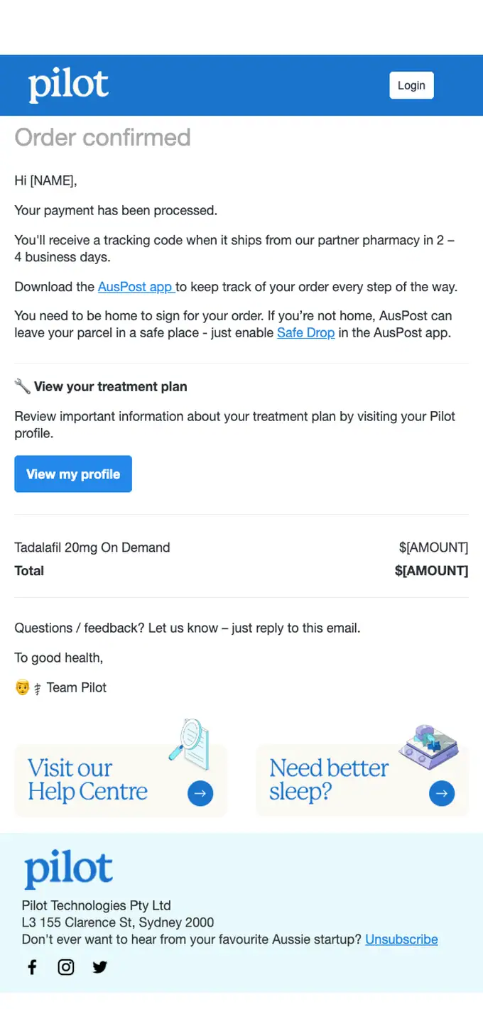 Pilot order confirmation email, full length