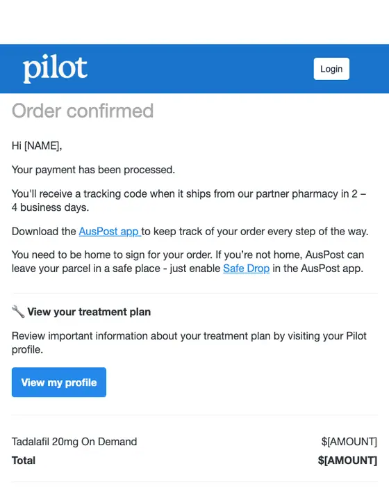 Pilot order confirmation email