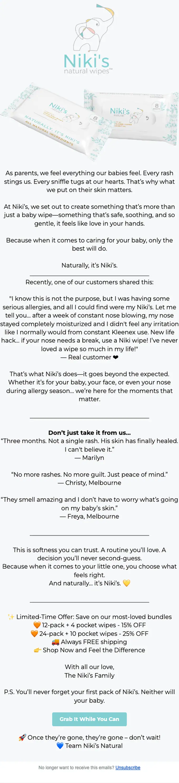 Niki's Natural Wipes promotional email, full length