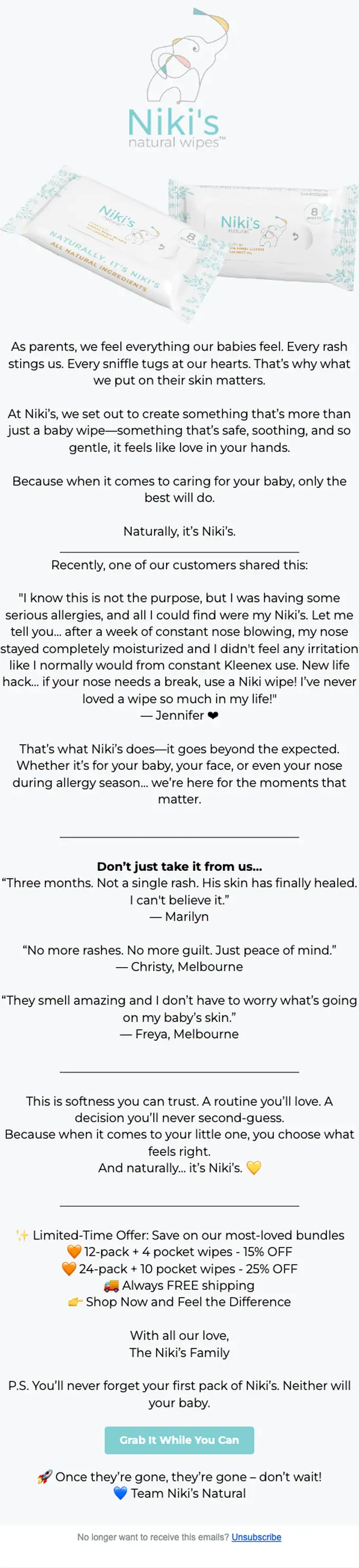 Niki's Natural Wipes promotional email, full length