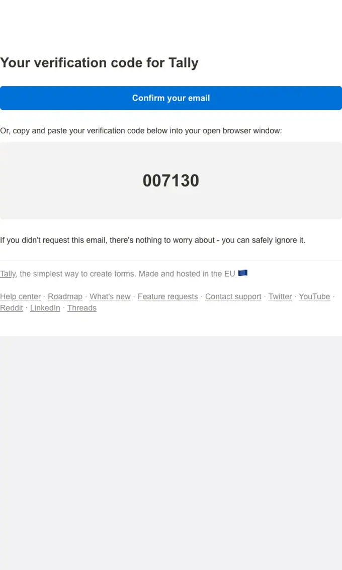 Tally Forms email verification email, full length
