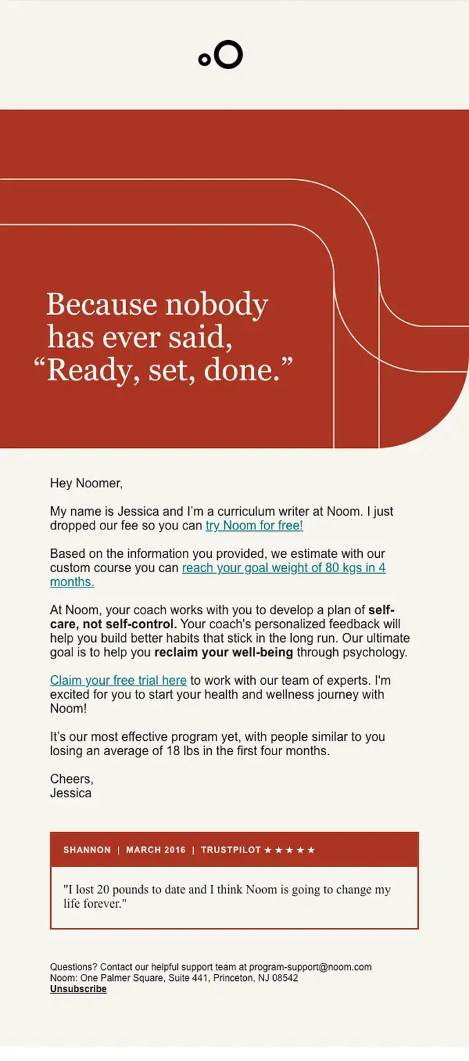 Noom promotional email, full length