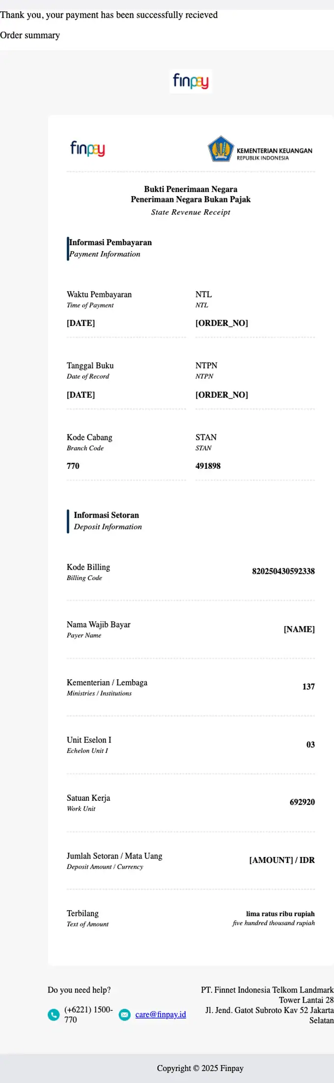 Finpay receipt email, full length