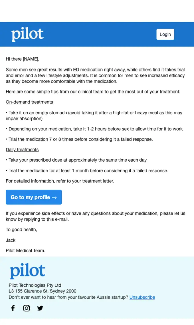 Pilot account notice email, full length