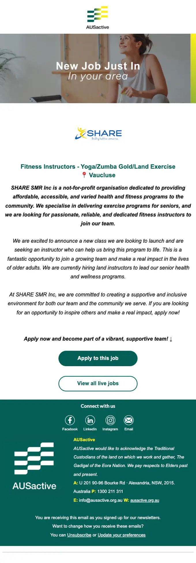 AUSactive job alert email, full length