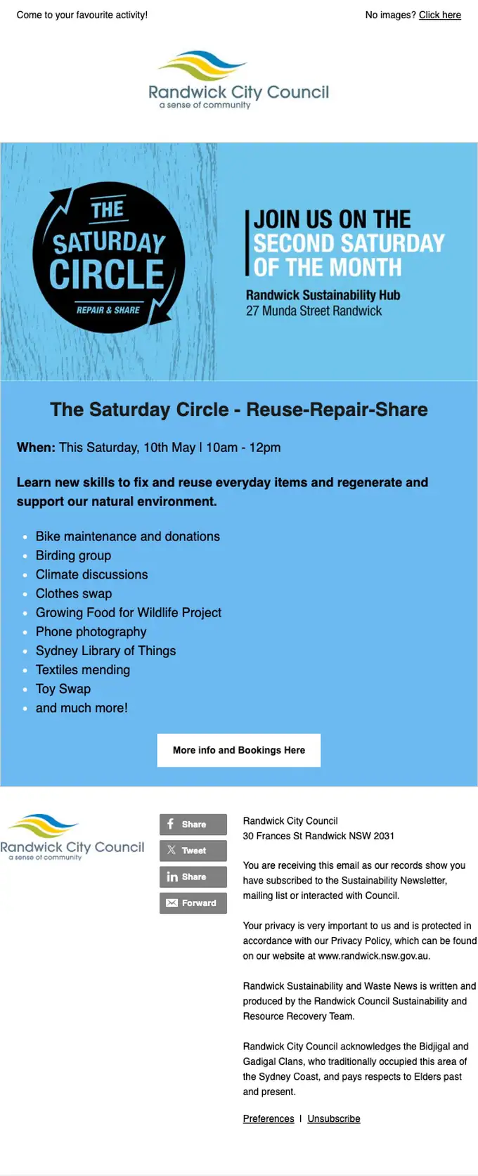 Randwick City Council event invite email, full length
